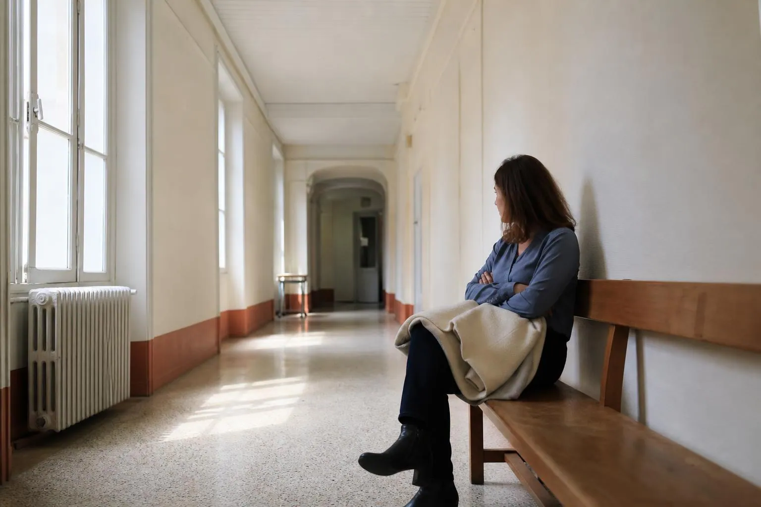 Femme d’une quarantaine d’années assise sur un banc de bois dans un couloir clair d’établissement de santé, un sac en toile posé près d’elle