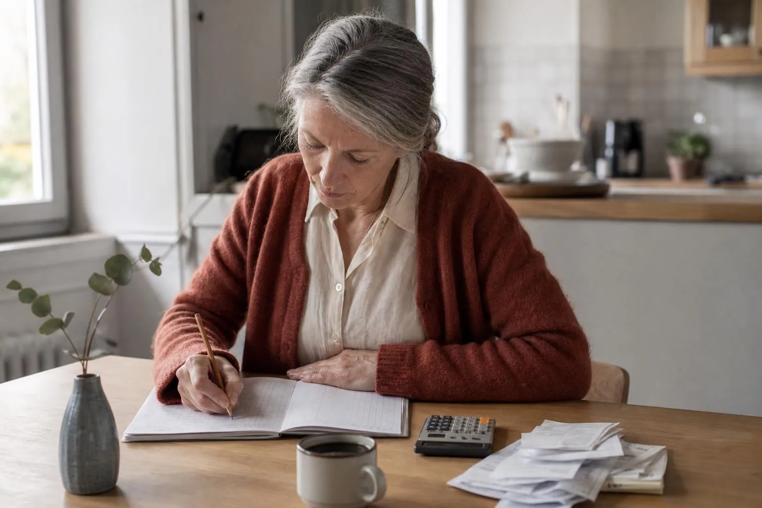 Femme de cinquante ans assise à une table de cuisine claire, écrivant dans un cahier à colonnes à côté d’une calculatrice et d’une pile de justificatifs
