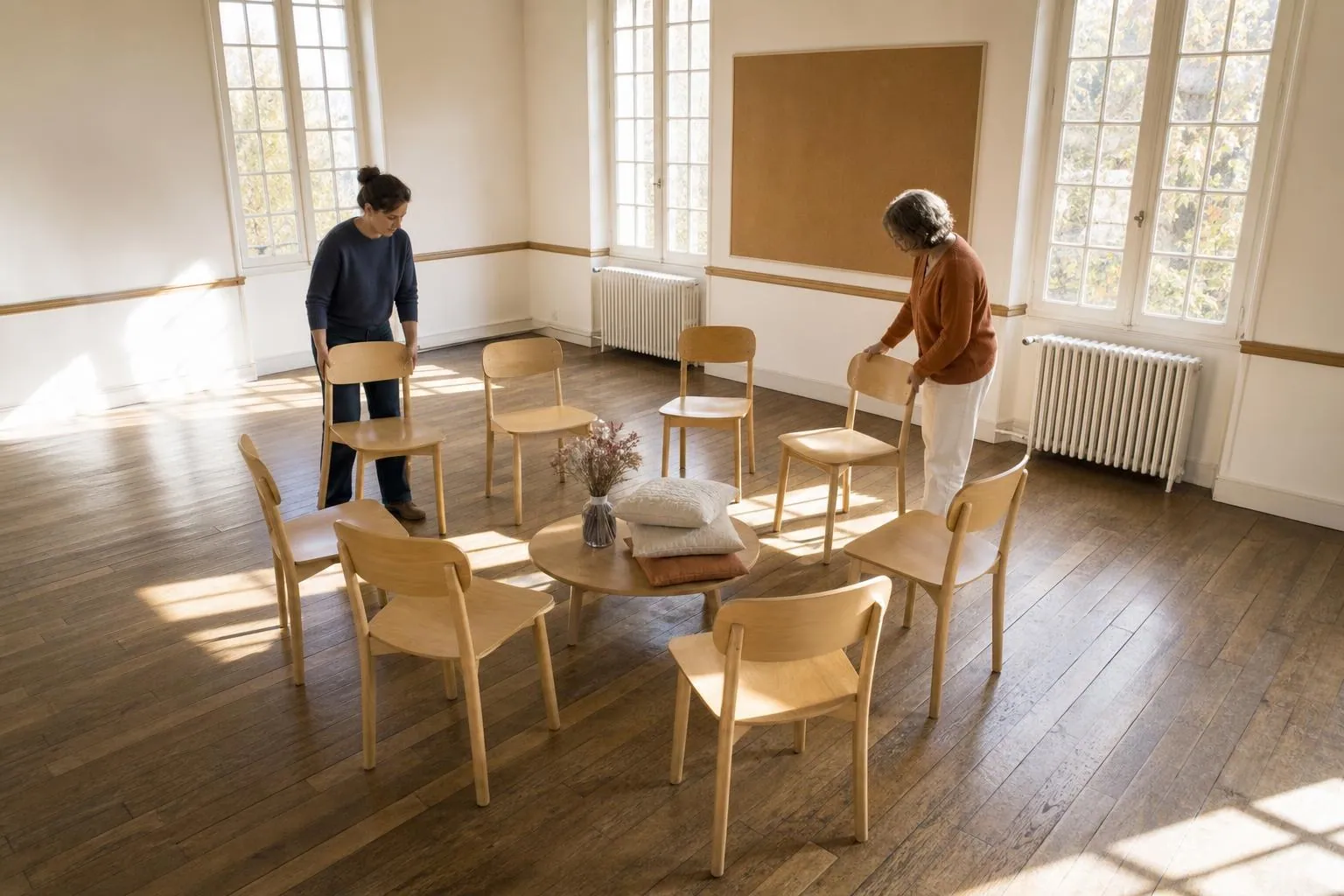 Cercle de chaises en bois clair dans une salle associative lumineuse, deux femmes de quarante-cinq et cinquante-huit ans debout en train de disposer les assises
