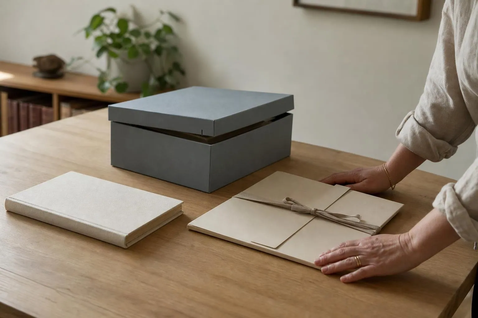 Trois supports de travail posés côte à côte sur une table en bois clair: un carnet toilé, une boîte d’archives en carton et une pochette de documents fermée par un ruban