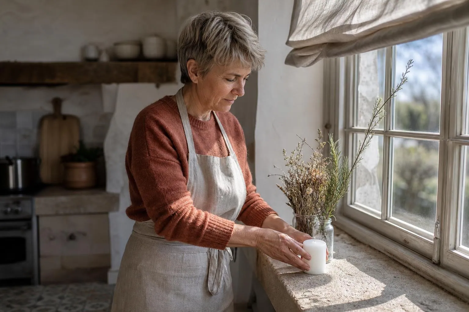 Femme de cinquante-cinq ans debout devant un rebord de fenêtre clair, posant une petite bougie blanche à côté d’un vase de fleurs séchées