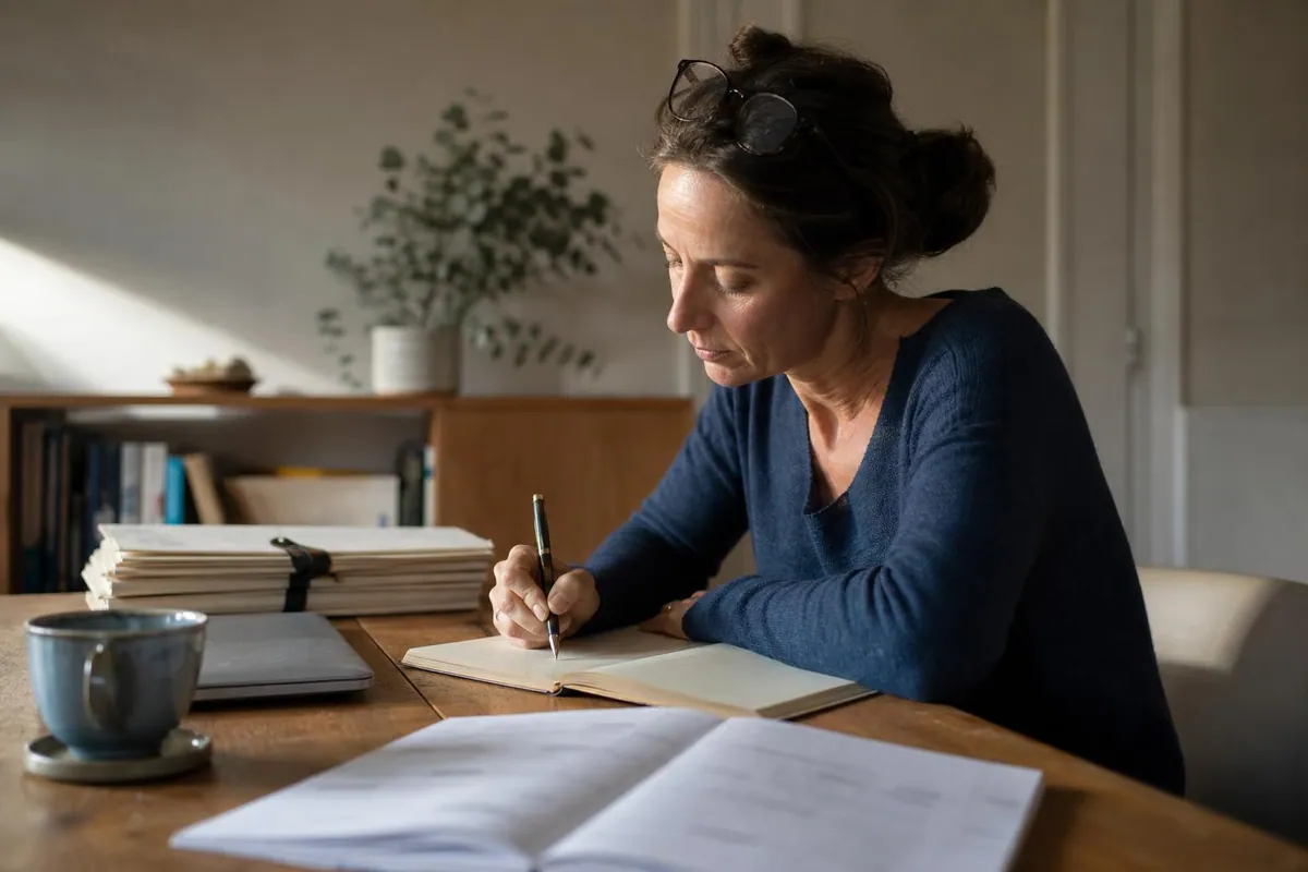 Femme de quarante cinq ans assise à une table en bois, écrivant au stylo dans un carnet ouvert, à côté d’une pile de dossiers reliés, d’un porte documents refermé et d’une tasse